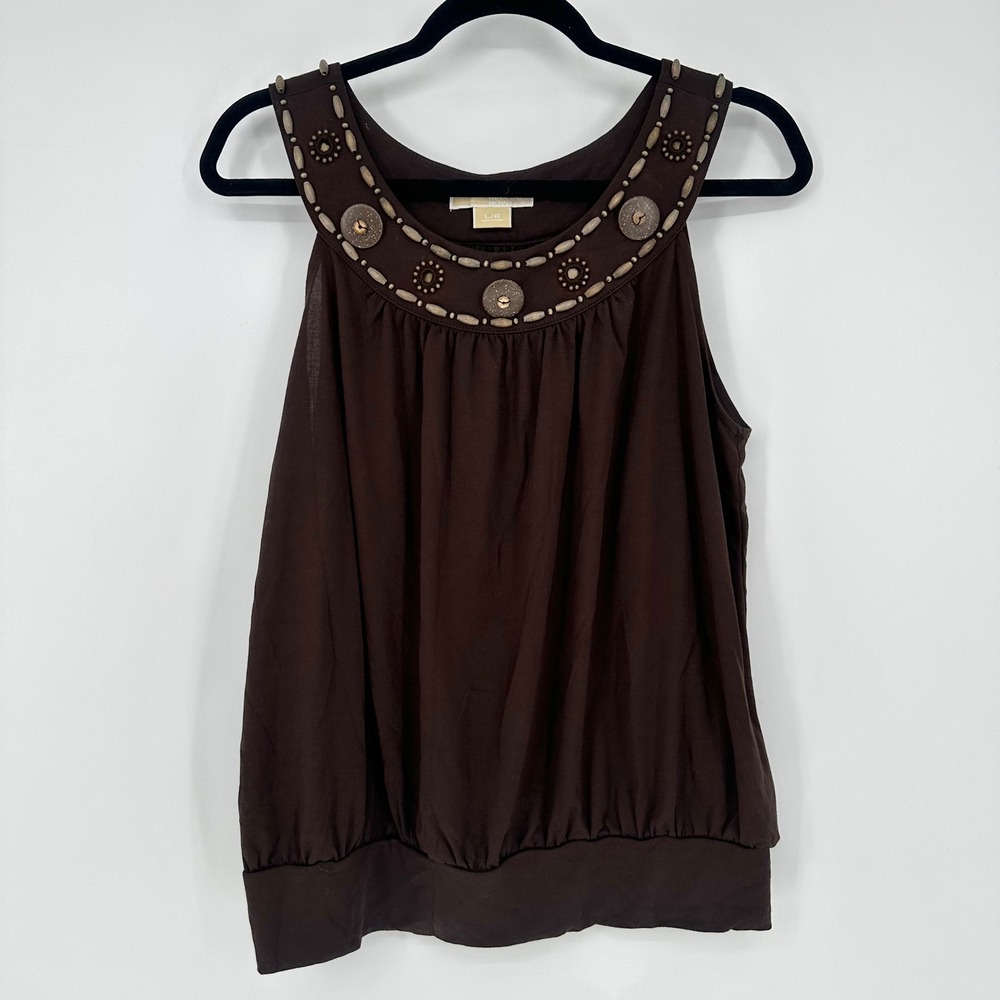 Y2K Michael Kors Brown Hobo Wood Beaded Sleeveless Ruched Blouse Top Summer L
